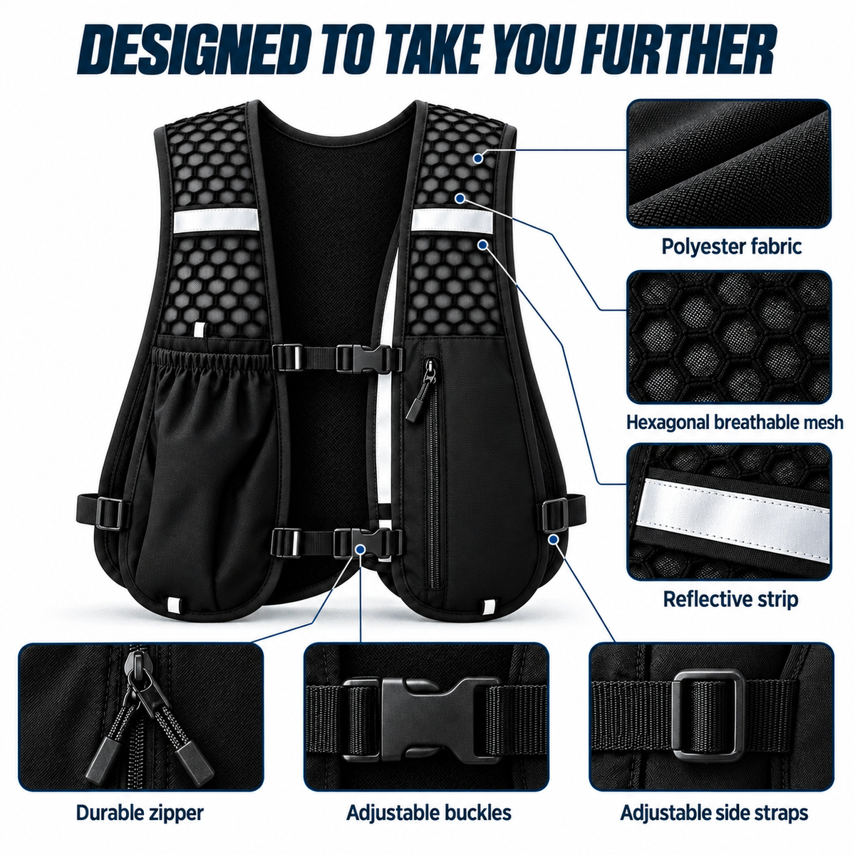Evora PocketVest® – Lightweight Adjustable Running Vest with 3 Storage Pockets & Reflective Strips